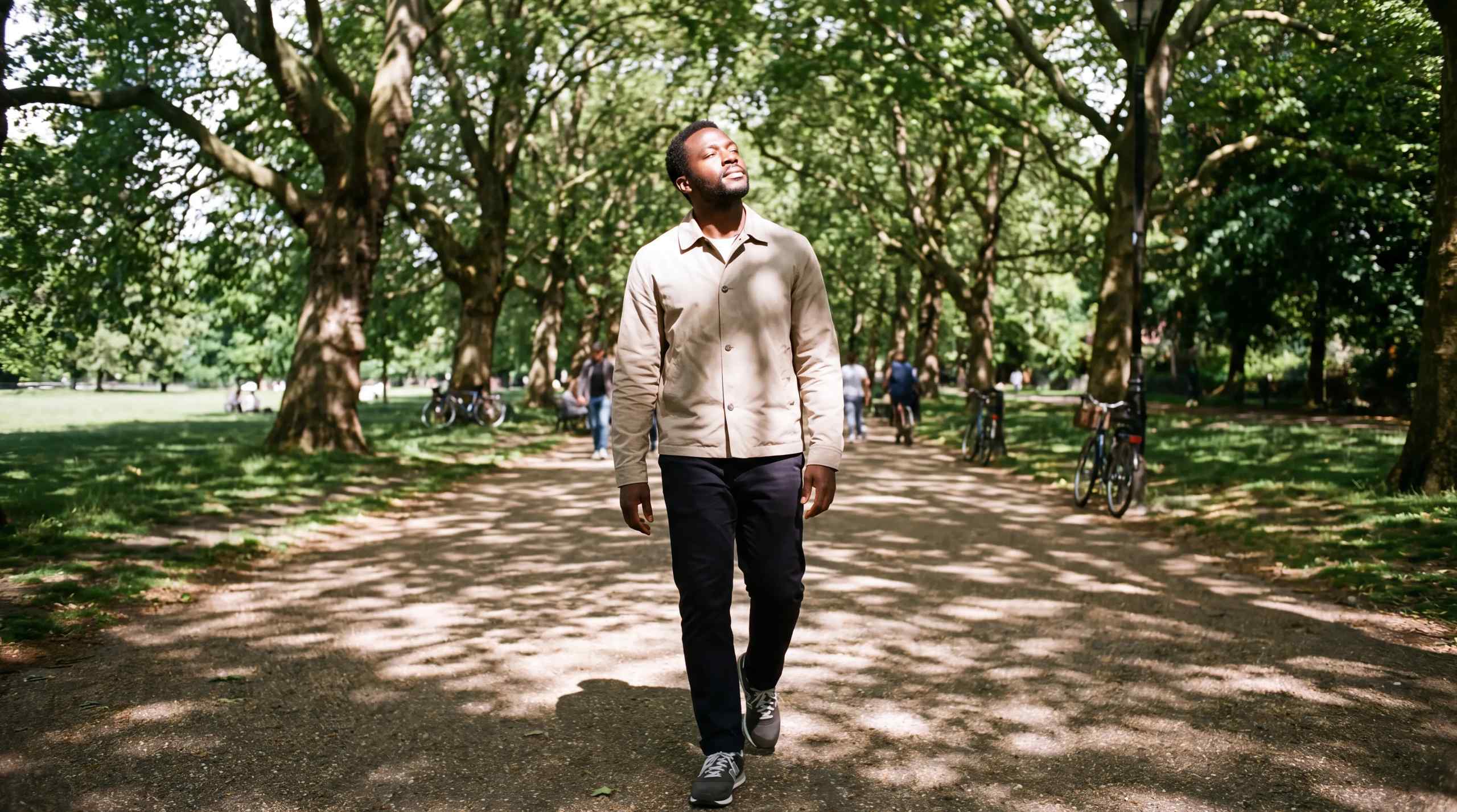 A man going for a walk and getting some sun.